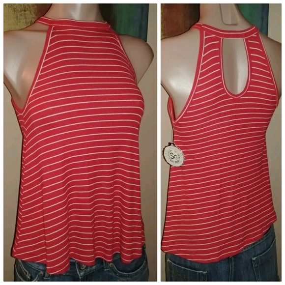 SO RED & WHITE STRIPED SOFT TIE HIGH NECK KEYHOLE - Picture 1 of 3